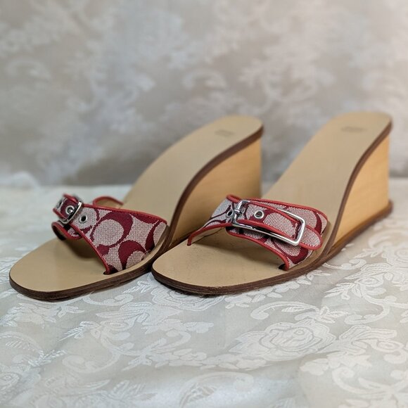 Vintage Y2K COACH Honey Red Canvas Monogram Logo Red Trim Wood Wedge Sandals 8 B - Picture 1 of 15